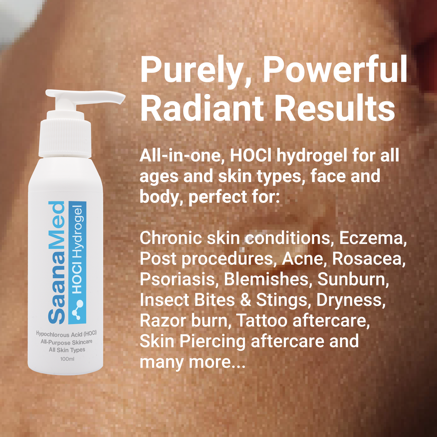 SaanaMed HOCl hydrogel bottle with product description on a brown background