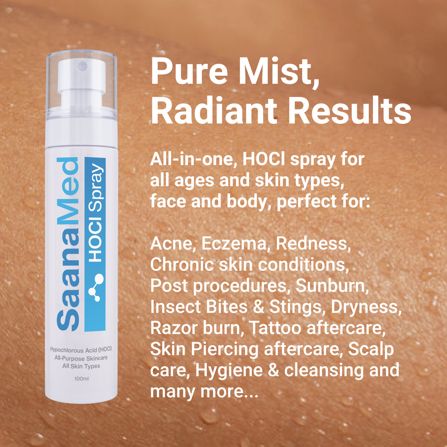 SaanaMed HOCI spray bottle with product description on a brown background