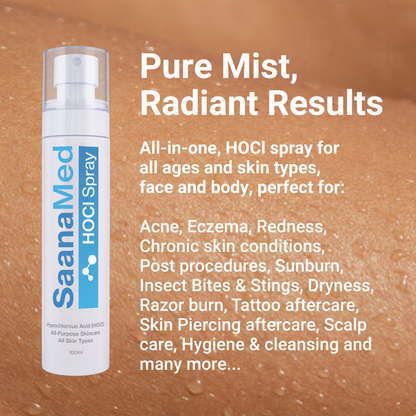 SaanaMed HOCI spray bottle with product description on a brown background